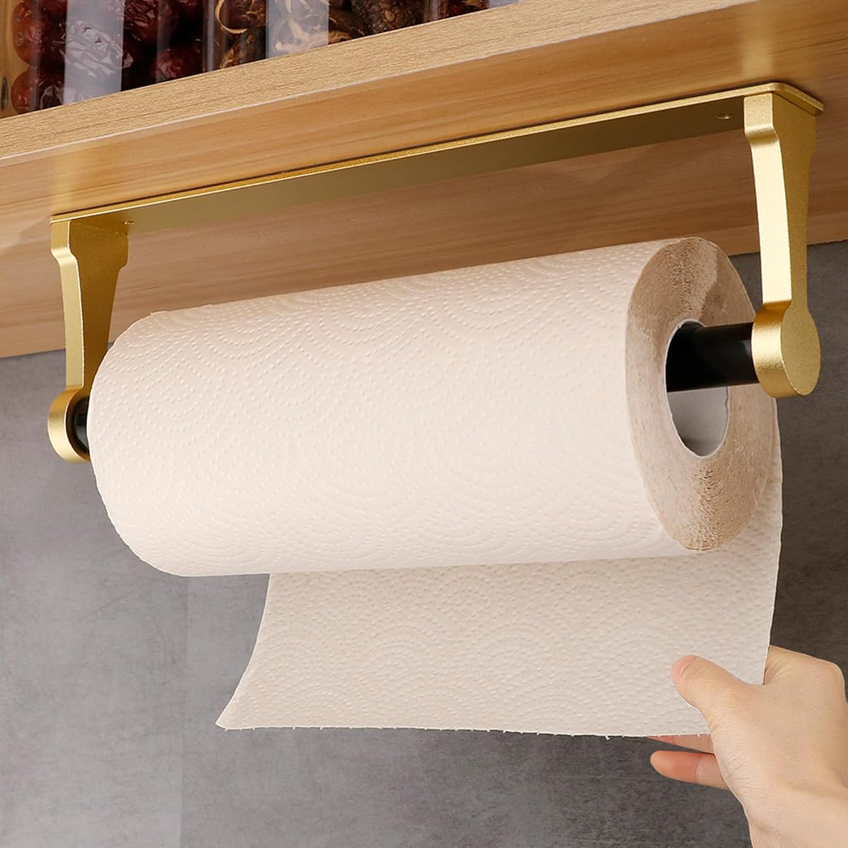 MONEER Soporte para toallas de papel debajo del gabinete, soporte para toallas de papel, soporte para toallas de cocina de aleación de aluminio, soporte para rollo de cocina autoadhesivo para cocina, baño, sala de estar (dorado brillante)