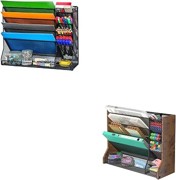 File Organizer Wall Mounted, 4 Tiers Durable Adjustable Metal Desk Organizer, Desktop Vertical Hanging File Holder with 4 Pen Slots Stable, 4 Pull-Out Divider for File, Mail, Newspaper