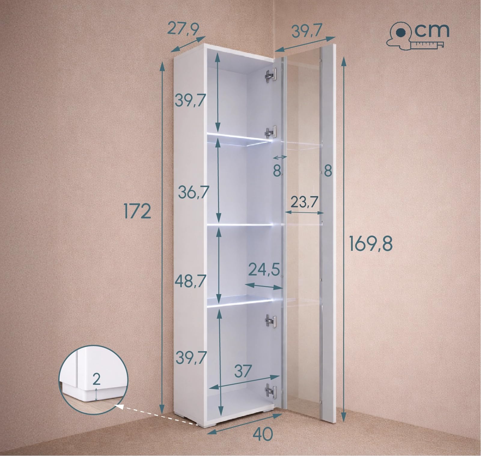 MB Muebles Bonitos Vitrina de Salón Moderna Tipo Columna con Iluminación LED Azul, Estantería Estrecha de 4 Compartimentos, Acabado Blanco Brillo, 172x40x29 cm, Modelo Nora V5