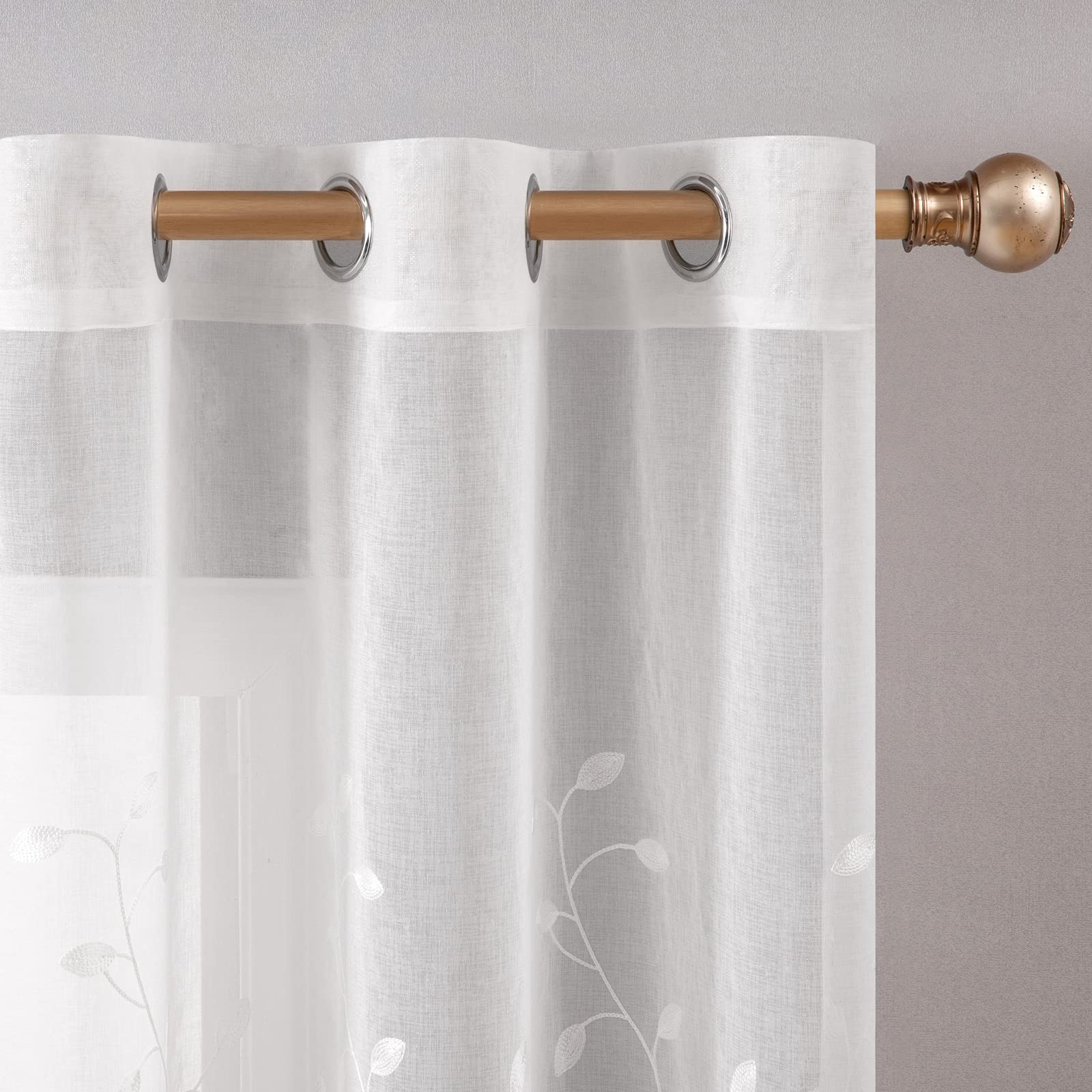 MIULEE 2 Voilages Marron Feuilles Brodées Window Rideaux Belle Élégance Oeillet Ressort Ressenteur Fenêtre Voile Panneaux Drapé Traitement pour Chambre Salon Feuilles Blanc 140 x 225CM(L x H)