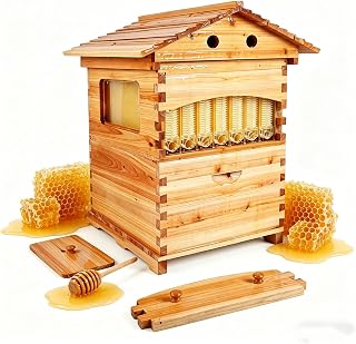 Self-Flowing Wooden Box, Beehive Bees Hives Boxes Beekeeping Starter Kit with Automatic Honey Flow System Small Size Large Capacity Holds Up 6000 Bees Ready Use After Assembly for Patios