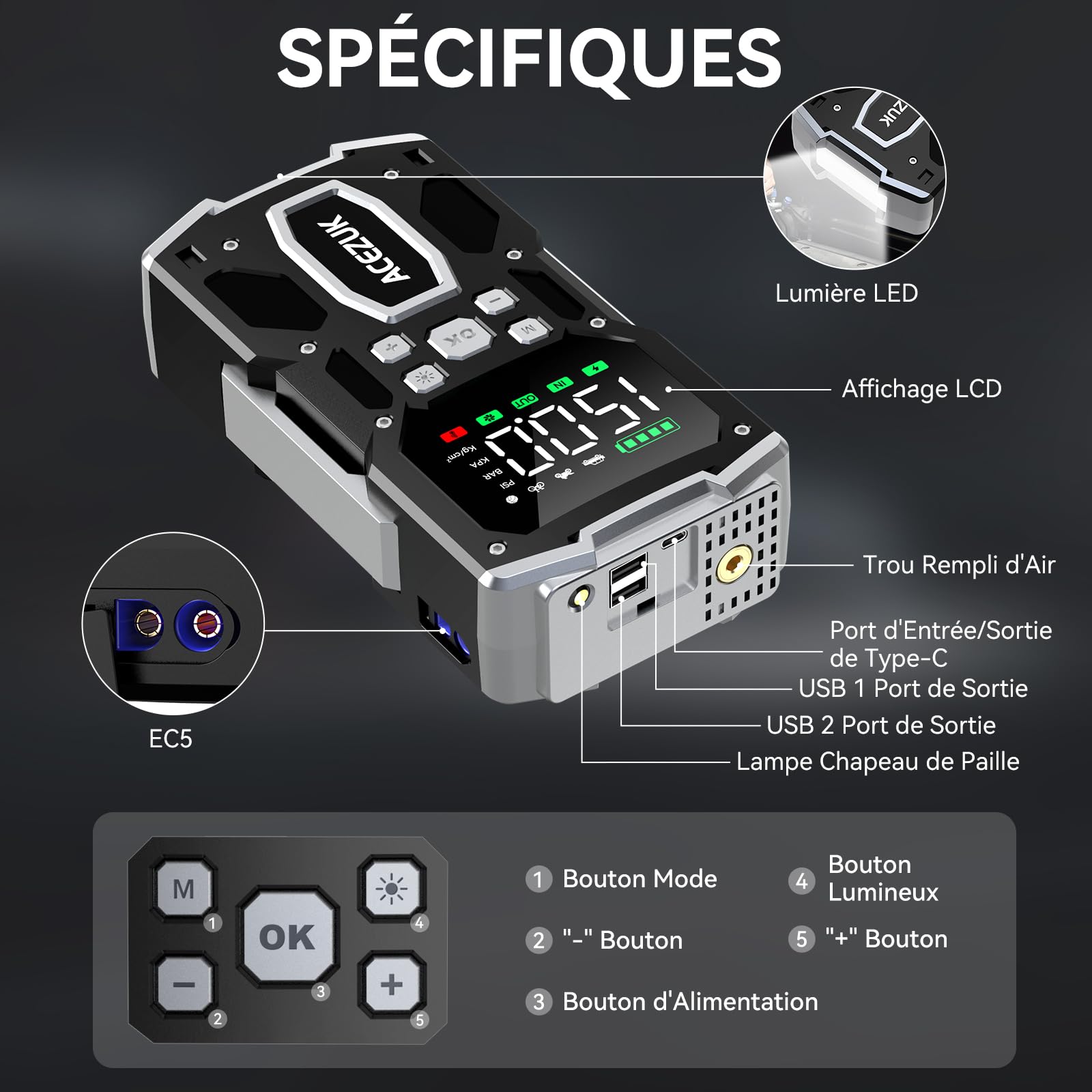 ACEZUK - Arrancador de batería de Coche con compresor de Aire, 4000 A, inflador de neumáticos de 150 PSI, 26 800 mAh, 12 V, para Coche de Gasolina o diésel de 10 L, led de 4000 lúmenes