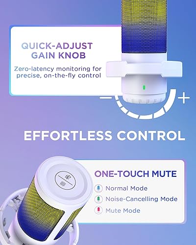 Miniatura 6 de InnoGear Micrófono USB para juegos, micrófono condensador de cancelación de ruido con silencio, ganancia, indicador RGB, soporte de brazo para