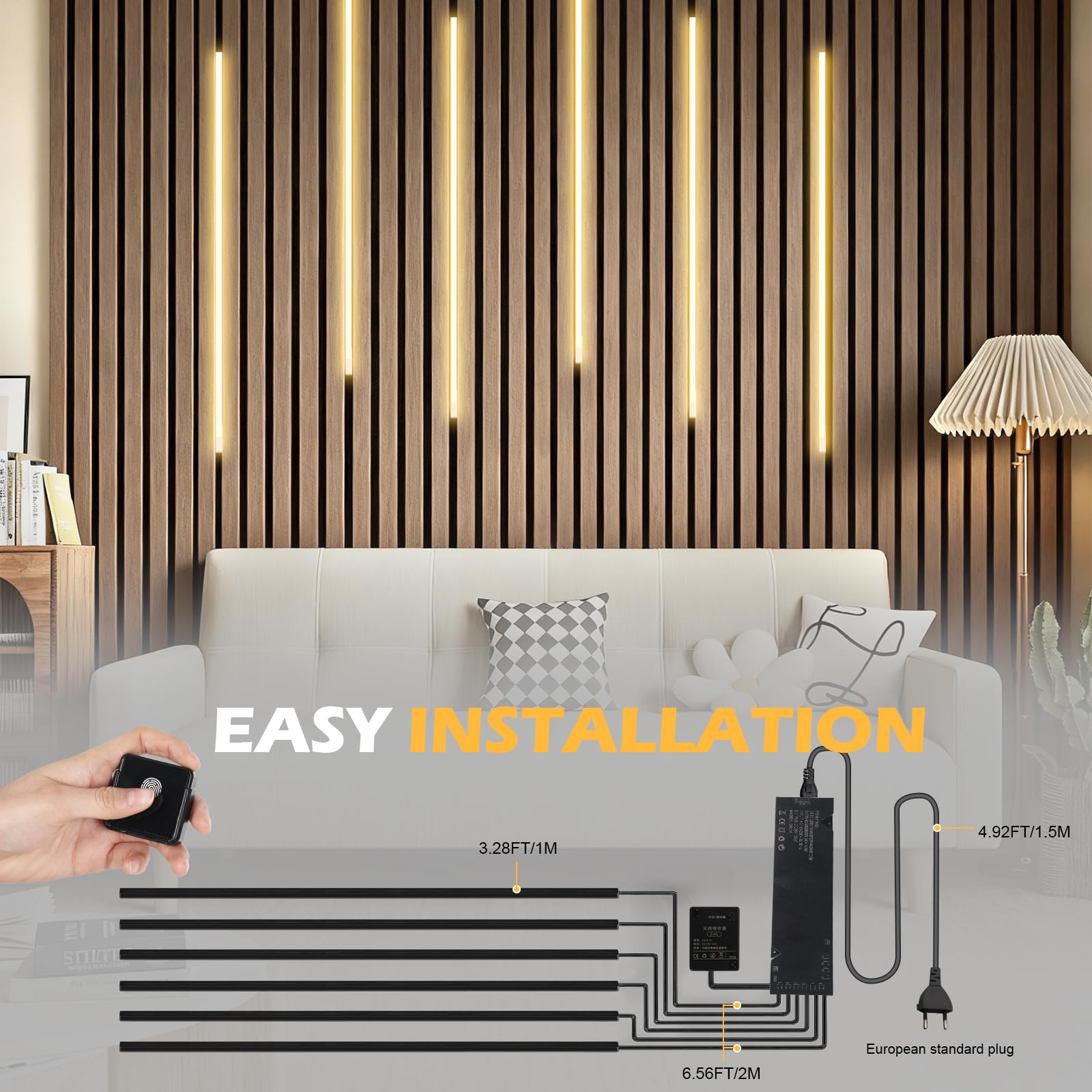 Wbudowane diody LED do paneli akustycznych, 6 sztuk, 100 cm, możliwość ściemniania, ciepła biel, z włącznikiem dotykowym, panele akustyczne LED, równoległe, panele akustyczne, oświetlenie