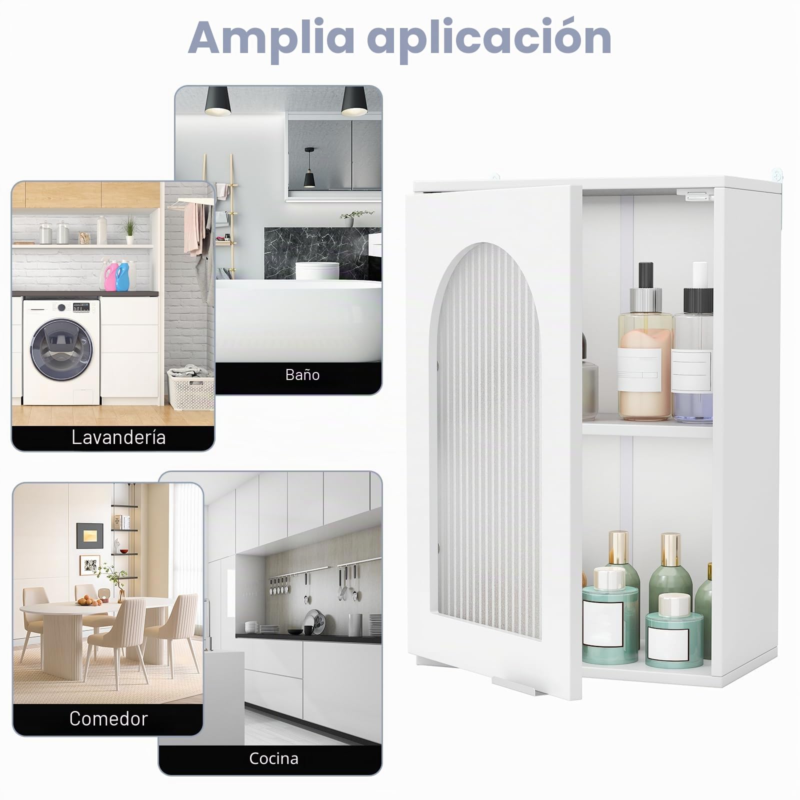 LIFEZEAL Mueble de baño de pared, mueble de cocina de pared, mueble colgante con puerta de cristal, estante ajustable, armario, armario, blanco, salvasapcio, moderno, de madera, 35 x 20 x 52,5 cm