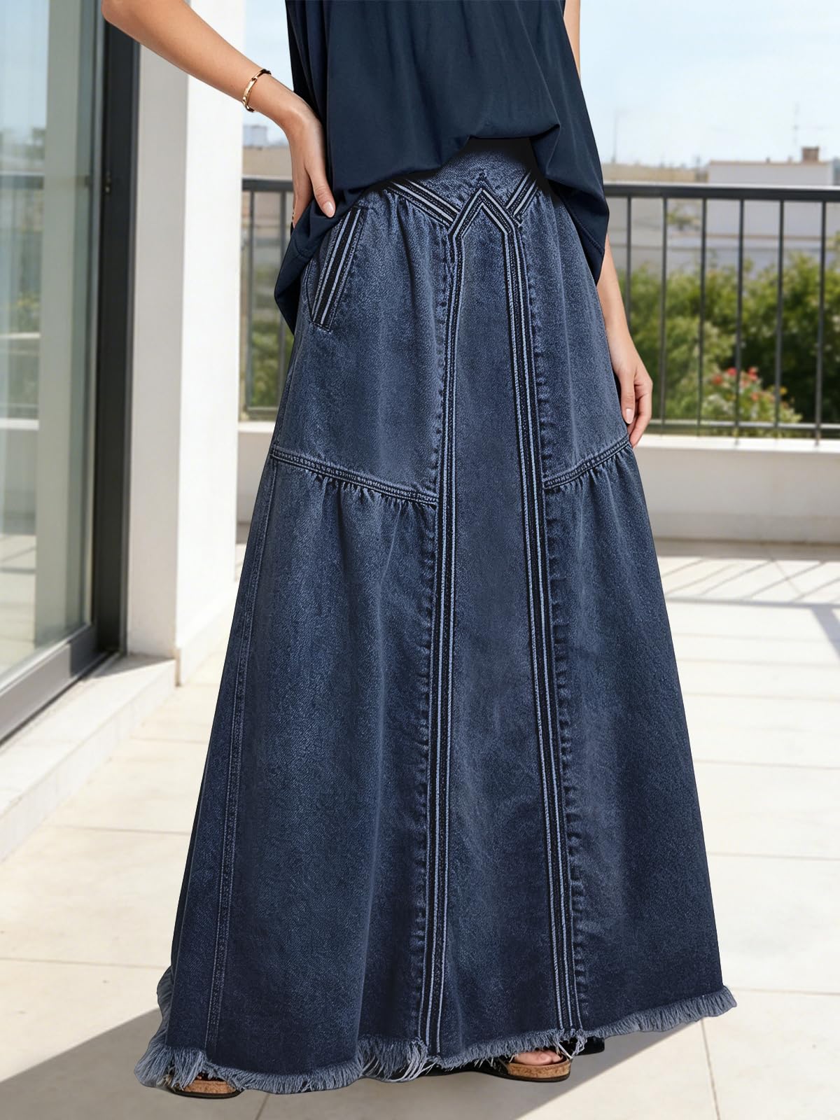 ebossy Damen Casual Elastische Taille Ausgefranster Saum A-Linie Distressed Hippie Lang Maxi Denim Rock