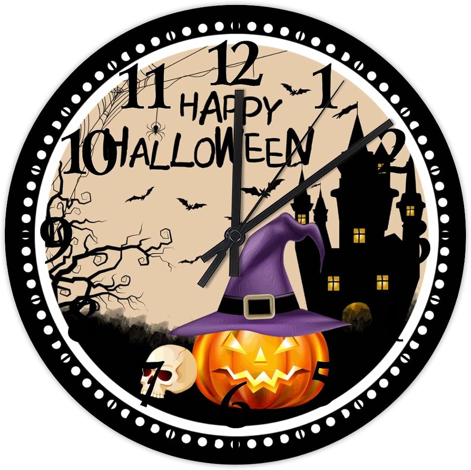 15 Inch Happy Halloween Pumpkin Hunted House Small Wall Clock Battery Operated Happy Scary Night Witch Hat Jack-o-Lantern Evil Halloween Bedroom Clock Arabic Numeral Round Clock for Home Office