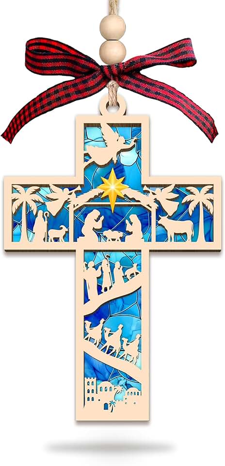 HEXMOZ Ornamento de cruz de presépio para árvore de Natal - ornamentos religiosos, cristãos de Natal 2025 presentes para família - Cruz de presépio de madeira acrílica, enfeite de Jesus para pendurar