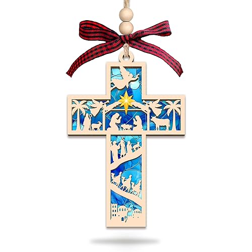 HEXMOZ Nativity Cross Ornament for Christmas Tree - Religious, Christian