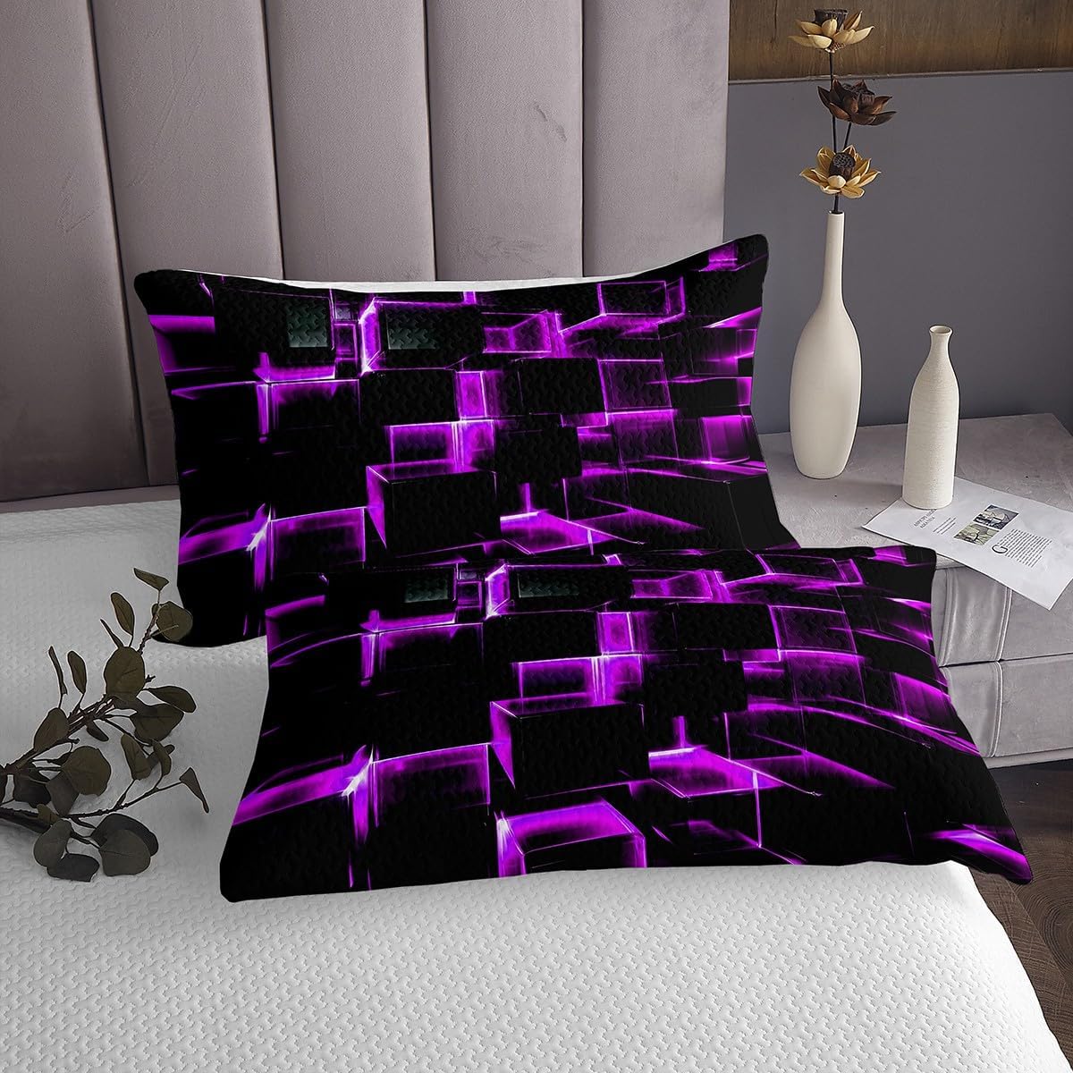 Erosebridal Purple Black Geometric Quilts Queen Size 3D Stereoscopic Square Bedspread Set, Glowing Neon Squares Coverlet Set 3 Piece Gradient Grid Plaid Bedding Sets