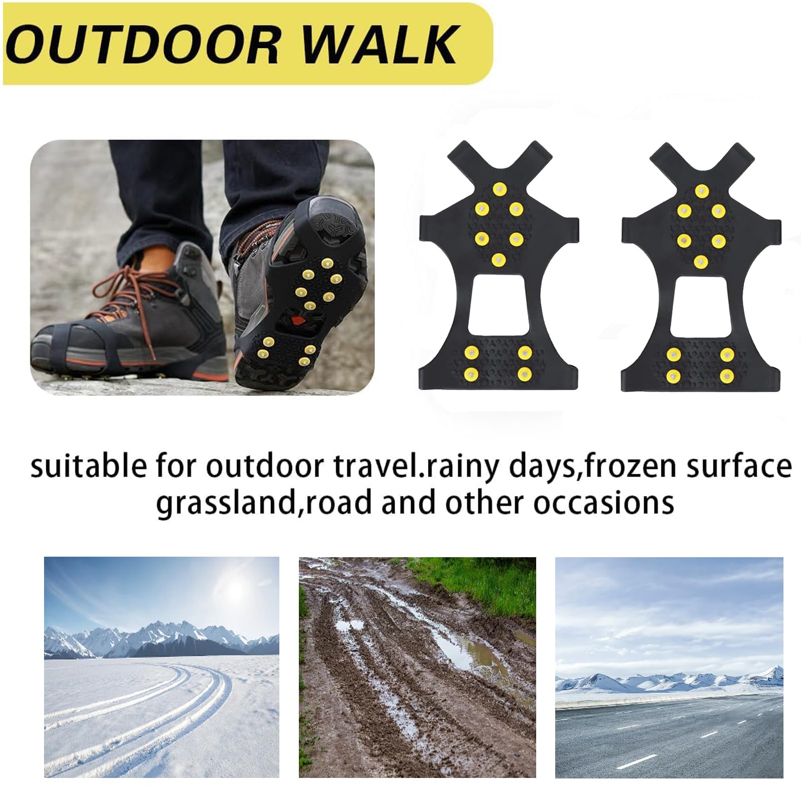 Lot De 2 Crampons Antidérapants Neige - 10 Pointes Inox - Caoutchouc TPE - Pour Randonnée, Chasse, Pêche