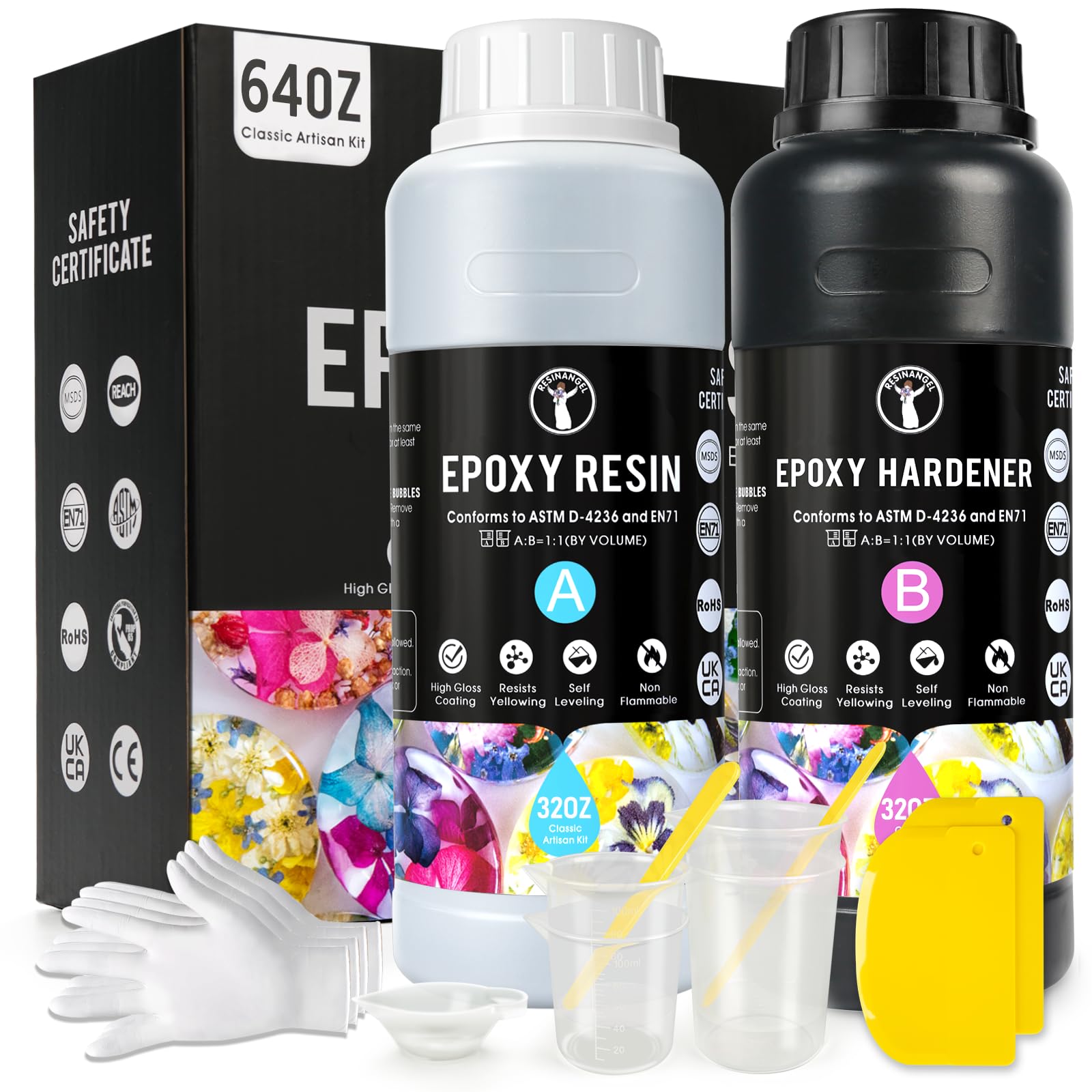 ResinAngel 64oz Epoxy Resin Kit - 1:1 Crystal Clear Epoxy Resin Low Viscosity Casting for River Table,Wood,Flower Preservation, Art Crafts (32oz x 2)