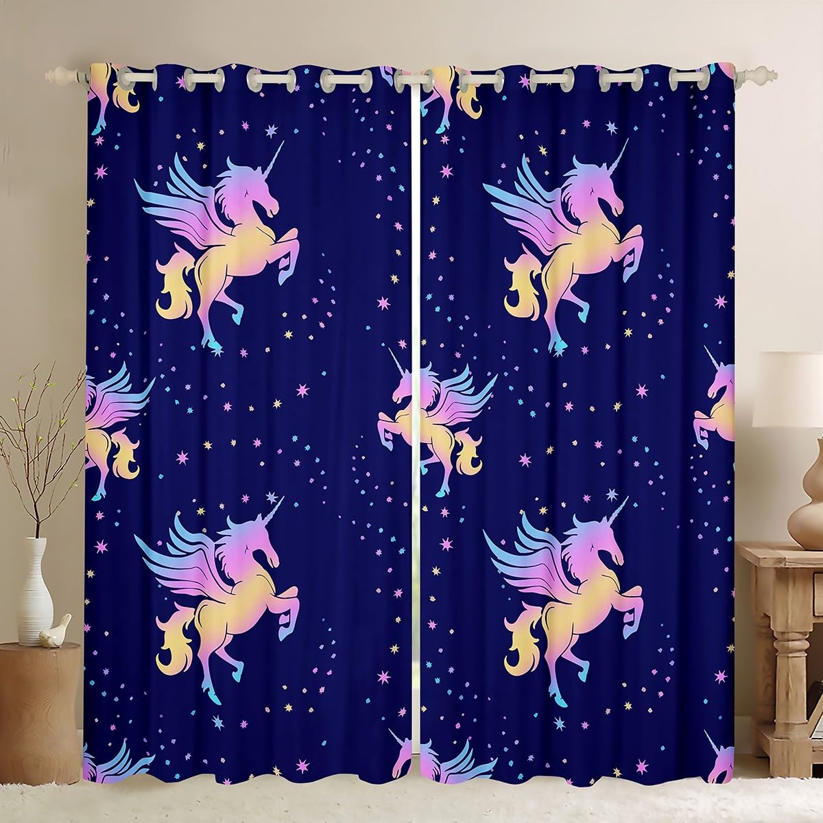 Feelyou Cute Dreamy Horse Curtains for Bedroom Living Room Cartoon Unicorn Darkening Dreapes Rainbow 30%-50% Blackout Curtains Glitter Animals Blue Window Treatments (2 Panels, 42 x 84 Inch)