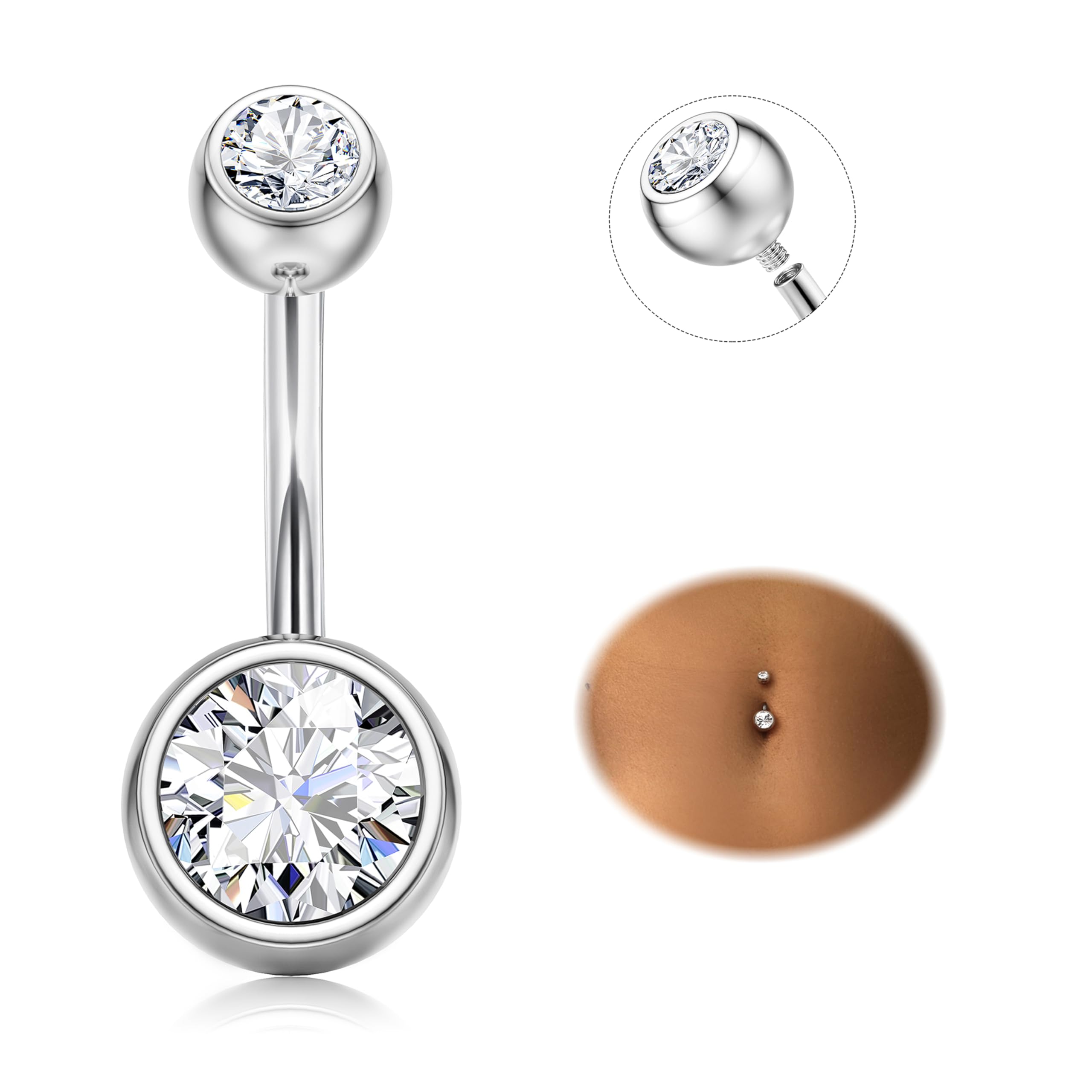Diamday Piercing Ombligo G23 Titanium Piercing Ombligo Anillos 14G CZ Ombligo Barretta Banana Vientre Bananabell Curvados Piercing Ombligo Joyería para Mujeres Hombres Plata 8/10/12/14/16mm