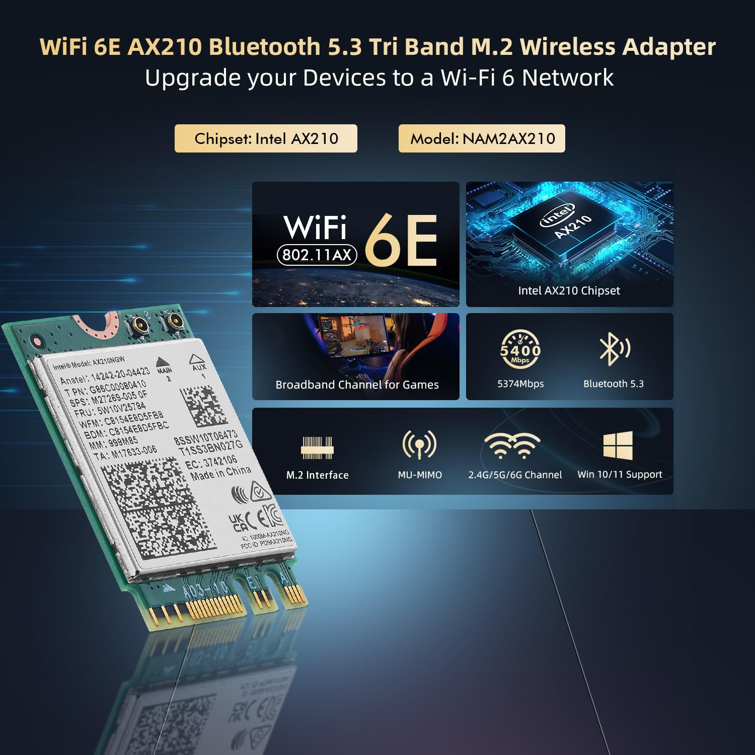 Binardat Tarjeta WiFi 6E M.2 AX210NGW Adaptador de Red WiFi, Chip Intel AX210 Bluetooth 5.3, 5400Mbps Tribanda 2.4GHz/5GHz/6GHz OFDMA y MU-MIMO, para computadora portátil Windows 10/11