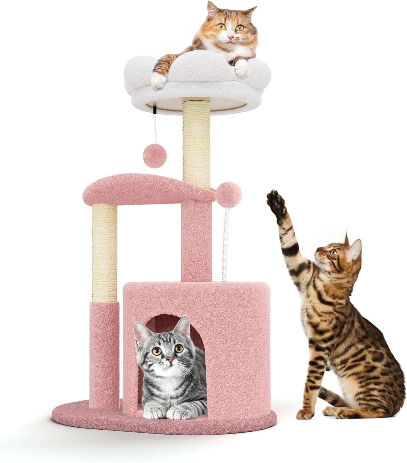 Cat Tree, 55 Inch Cat Tower with Scratching Posts, 2 Perches,1 Caves,1 Ladder,3 Pompoms and 1 Hammock,Cat Tree for Indoor Cats Large Adult for Christmas Décor