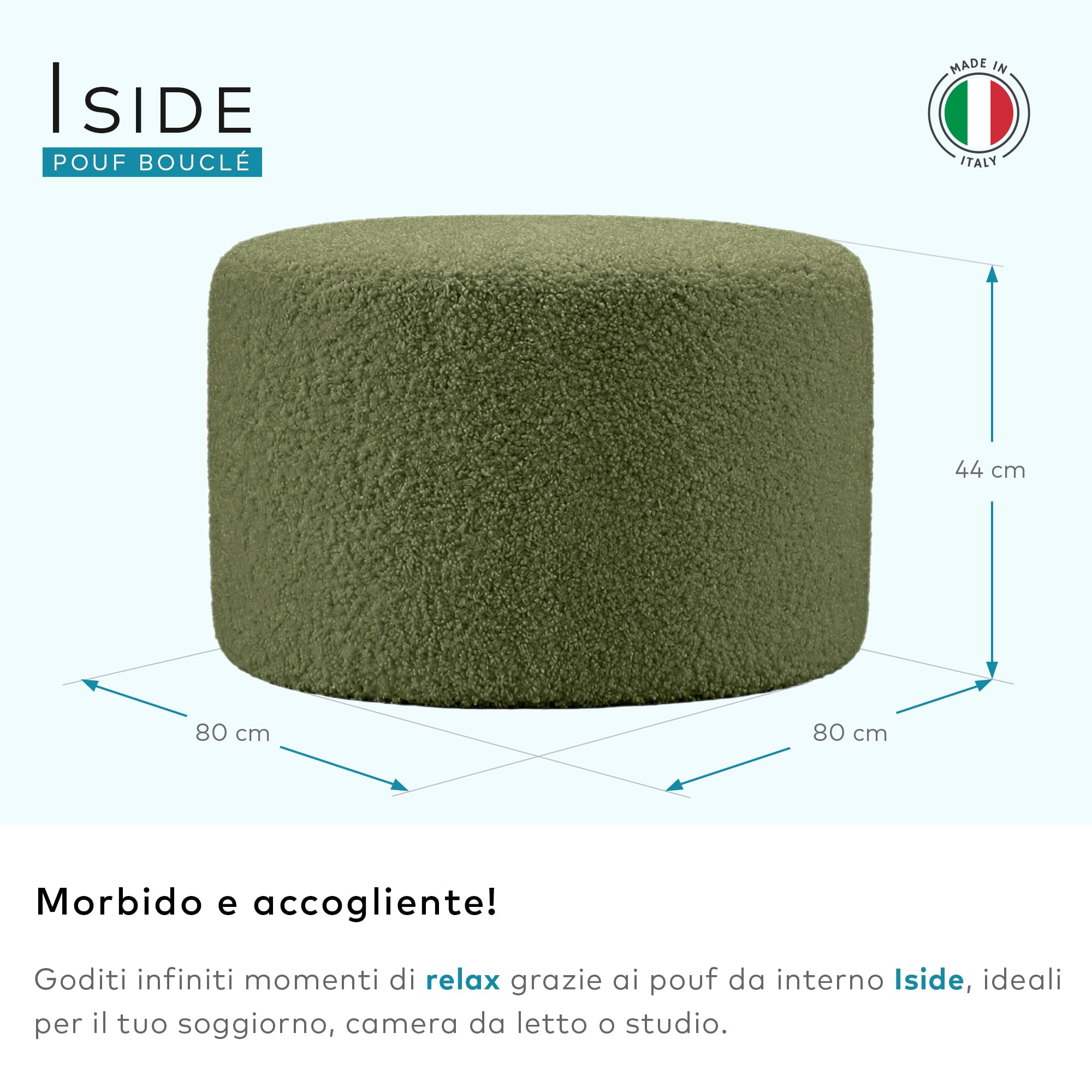 Deshome - Pouf poggiapiedi divano Ø 80 cm tessuto bouclé: Pouf design moderno per divano soggiorno camera da letto Puff poggiapiedi Pouffe salotto Iside Verde oliva