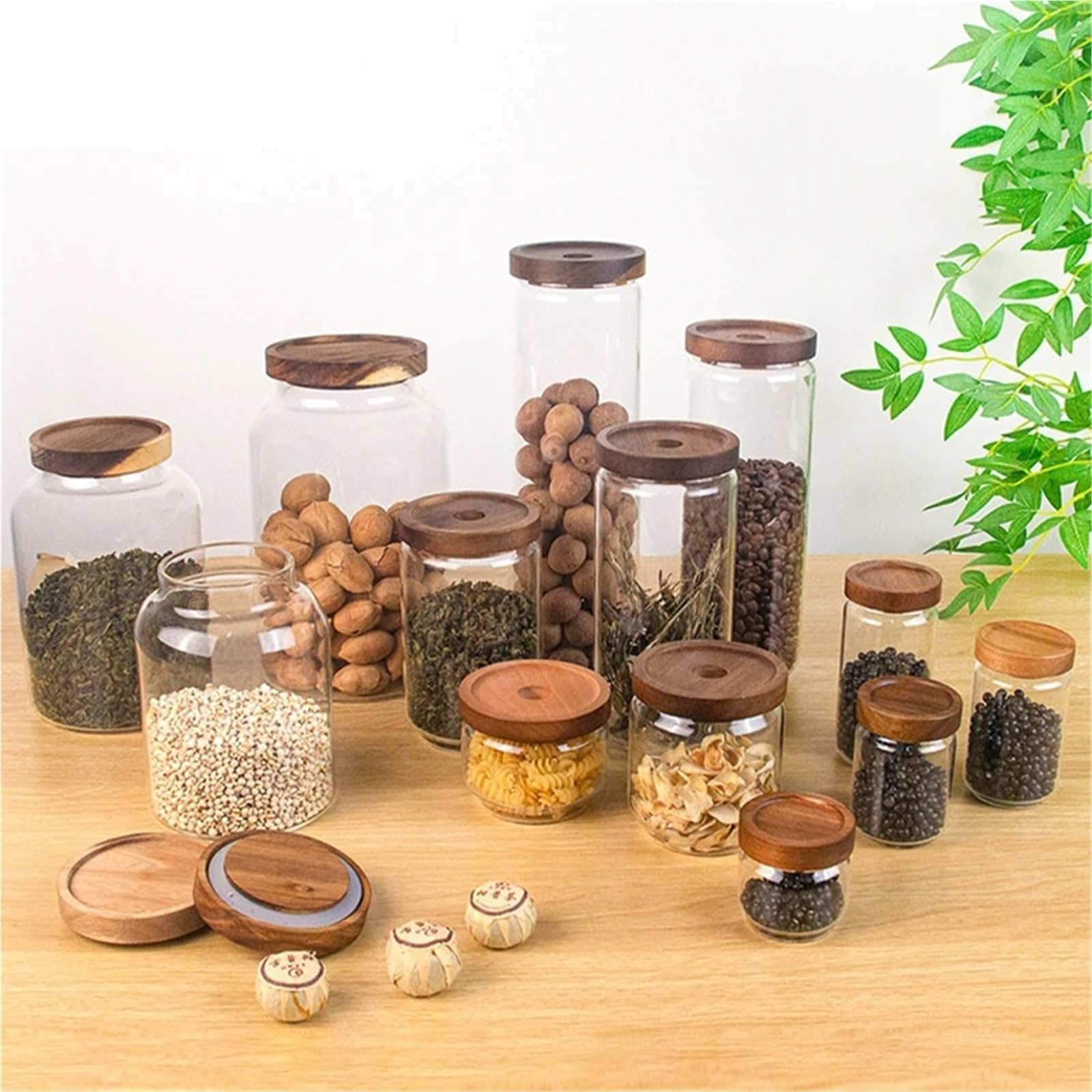 Vorratsglas aus Glas mit Holzdeckel, versiegelter Behälter for Süßigkeiten, Kaffeebohnen, Nudeln und Haferflocken(A)