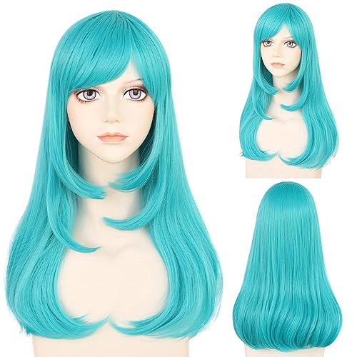 JoneTing Teal Wig 【+Hair Cap】 Bluish Green Cosplay Wig for Women Medium Length Blue Green Wigs with Bangs Synthetic Bluish Green Wigs for Game Cosplay Costume - Teal