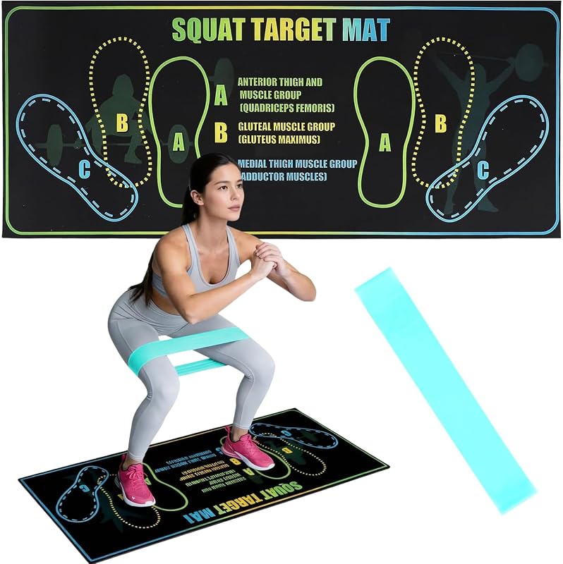 Squat Mat with Foot Position 13.8×31.5in — Non-Slip + Resistance Band | 80×35cm Mat + Resistance Band Included.Suits Hardwood,Carpet,Tile. A/B/C Foot Position Guides for Squats,Lunges&Core Training