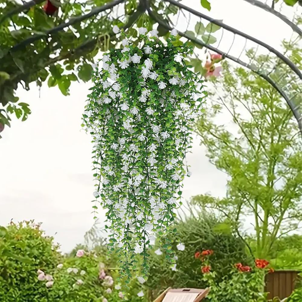 Artificial Hanging Flowers for Outdoor Indoor Decor, 6 Packs Fake Eucalyptus Vine Faux Flower Greenery Garland Plastic Plants Outside Wall Garden Wedding Home Party Decor (White) - Image 3