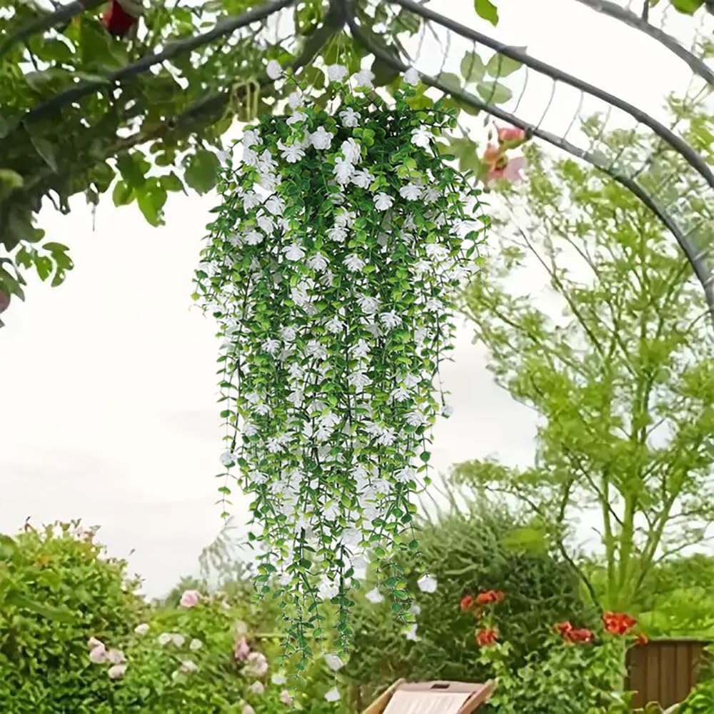 Flores colgantes artificiales, 4 piezas de eucalipto falsas de vid de flores sintéticas, guirnalda de plantas de plástico para interiores y exteriores, pared, jardín, boda, decoración de 3