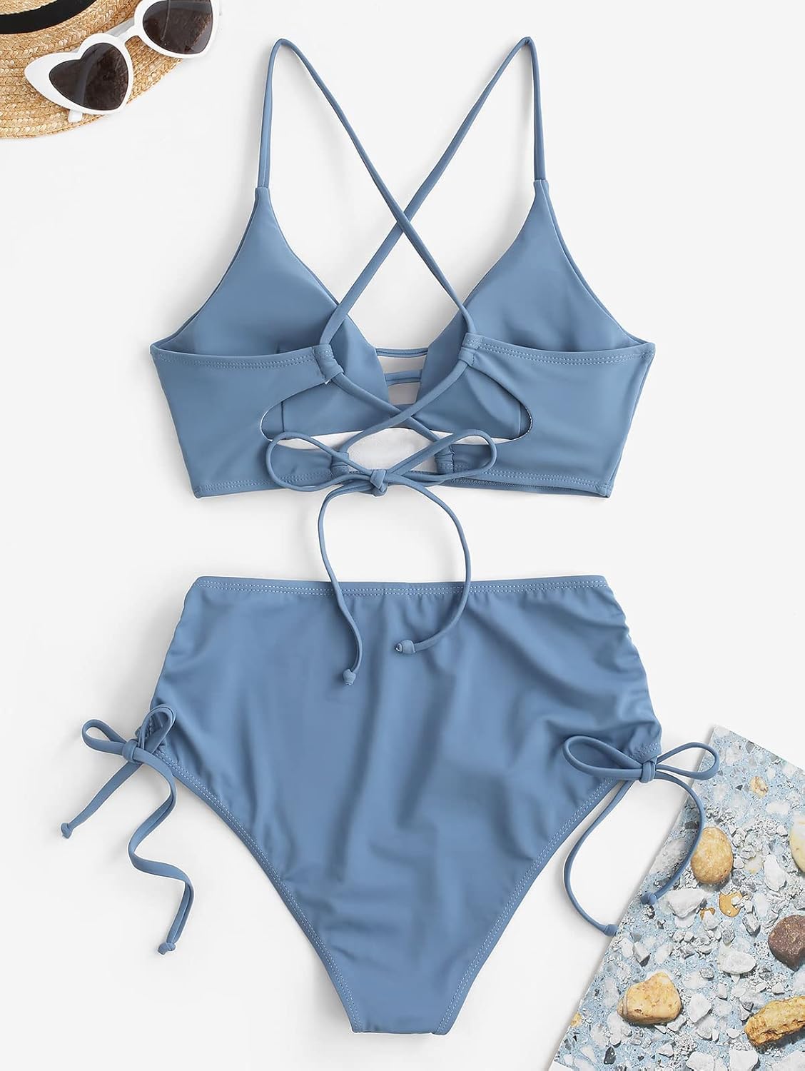 ZAFUL Women's Criss Cross High Waist Bikini Cinched Tie Two Piece Tankini Solid Padded Swimsuit - Image 5