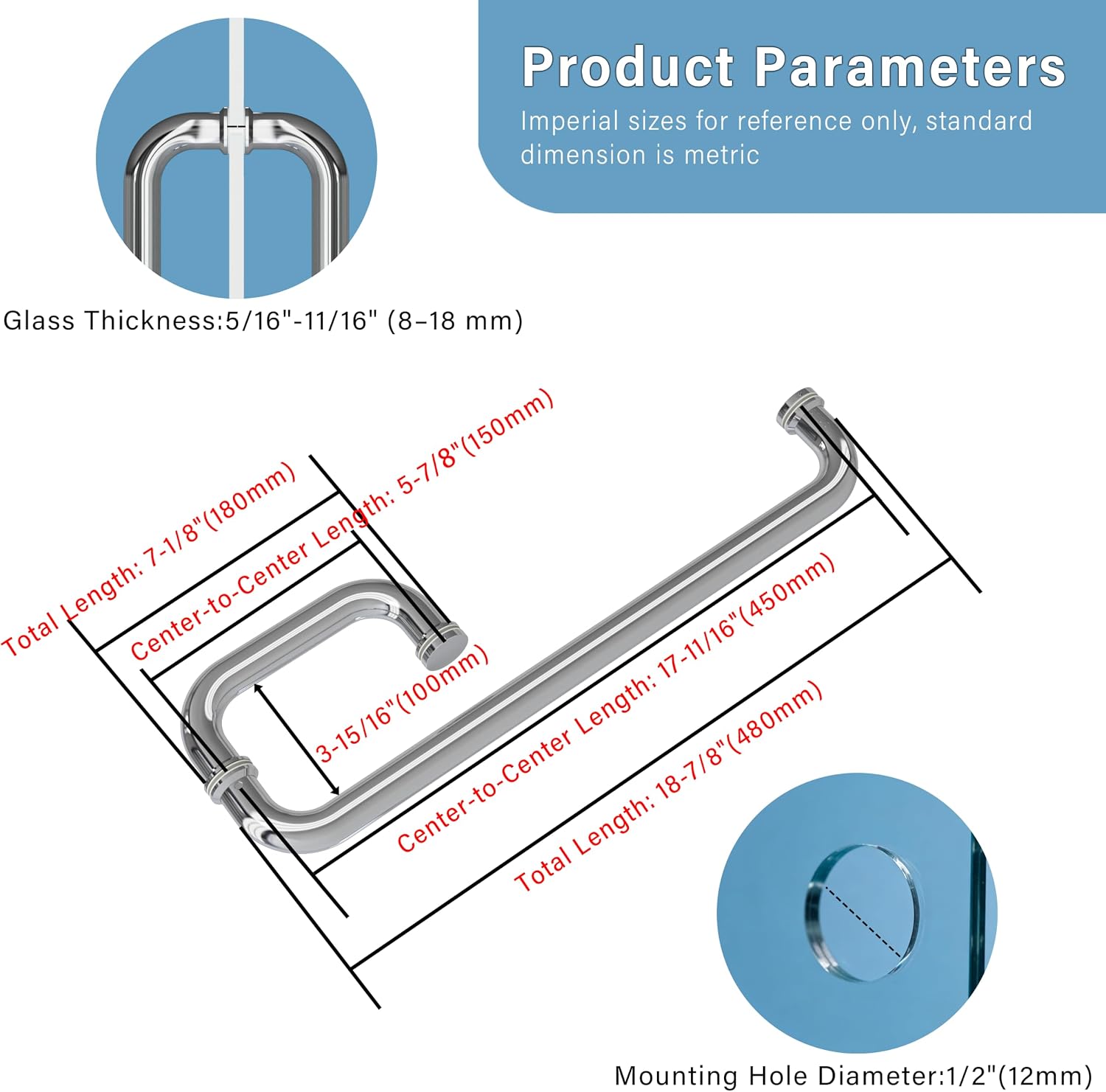 SEIDO 6" Shower Door Handle 18" Towel Bar Set, Rustproof 304 Stainless Steel Push Pull Handle, Heavy Duty Replacement for 5/16" to 11/16" Thick Glass Doors