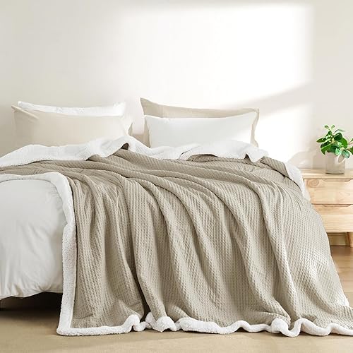 PHF Manta Sherpa de punto gofre tamaño King, manta de franela de felpa cálida de lujo para invierno, sin desprendimiento, sin pelusas, acogedora