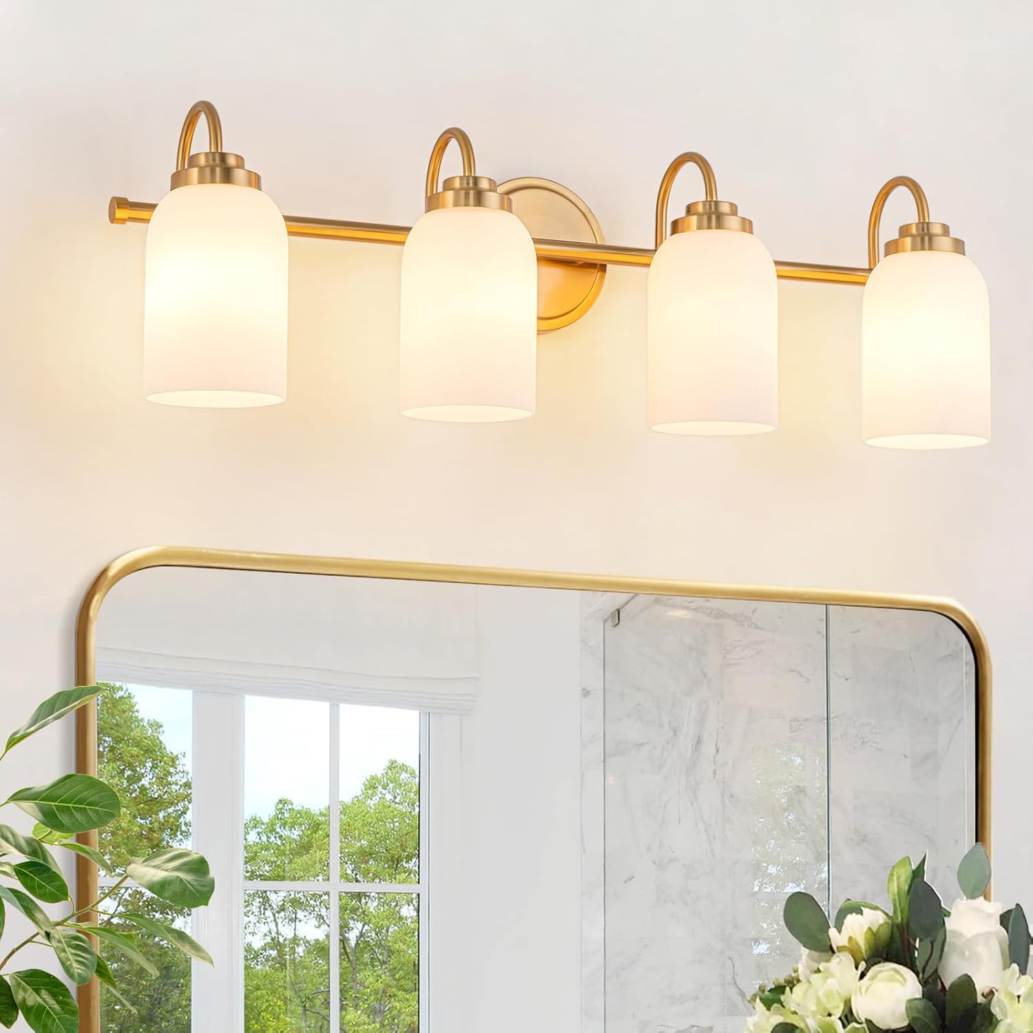 4-Light Brushed Gold Vanity Lights,Mid Century Modern Bathroom Light Fixtures with Frosted Opal White Glass Shades,27.56" Dimmable Wall Sconces Bathroom,Bedroom,Over Mirror(E26 Socket)