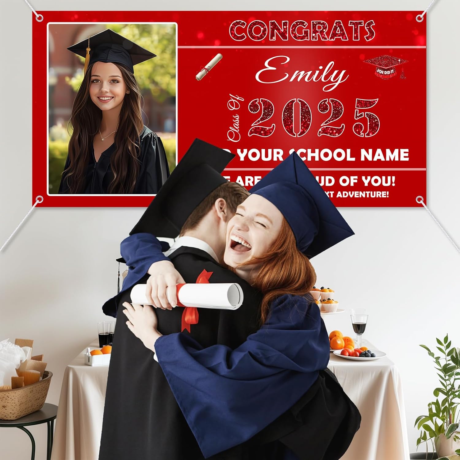 Personalized Class of 2025 Graduation Banner with Photo Large Graduation Event Party Decoration Vinyl Customized Congratulations Banner Graphic (72×30 inch - One Side)