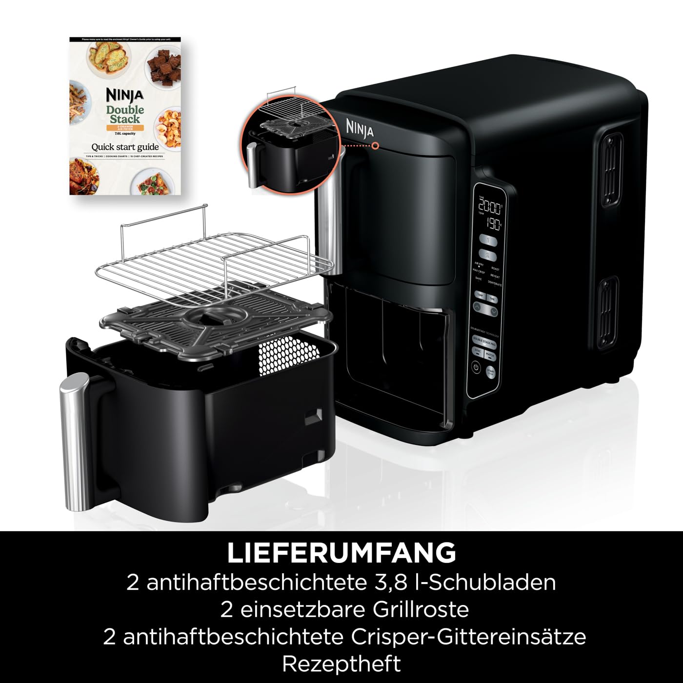 Ninja Double Stack Heißluftfritteuse, 7,6L Digitale Air Fryer Doppelkorb mit 4 Kochstufen, 2 Schubladen, 2 Gestelle, Platzsparendes Design, 6 Kochfunktionen, 6 Portionen, Schwarz SL300EU