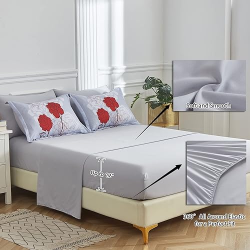 Miniatura 4 de Xruibed Juego de edredón de 7 piezas tamaño King, edredón con estampado de flores rojas, elegante y suave en una bolsa para todas las estaciones (1