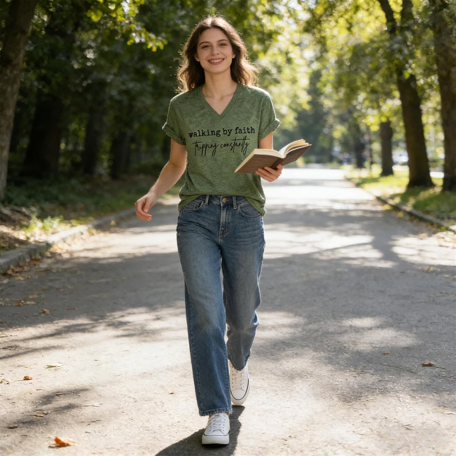 Christian Shirts for Women Faith Inspirational Tee Walking by Faith Tripping T Shirt Religious T-Shirt Short Sleeve - Image 3