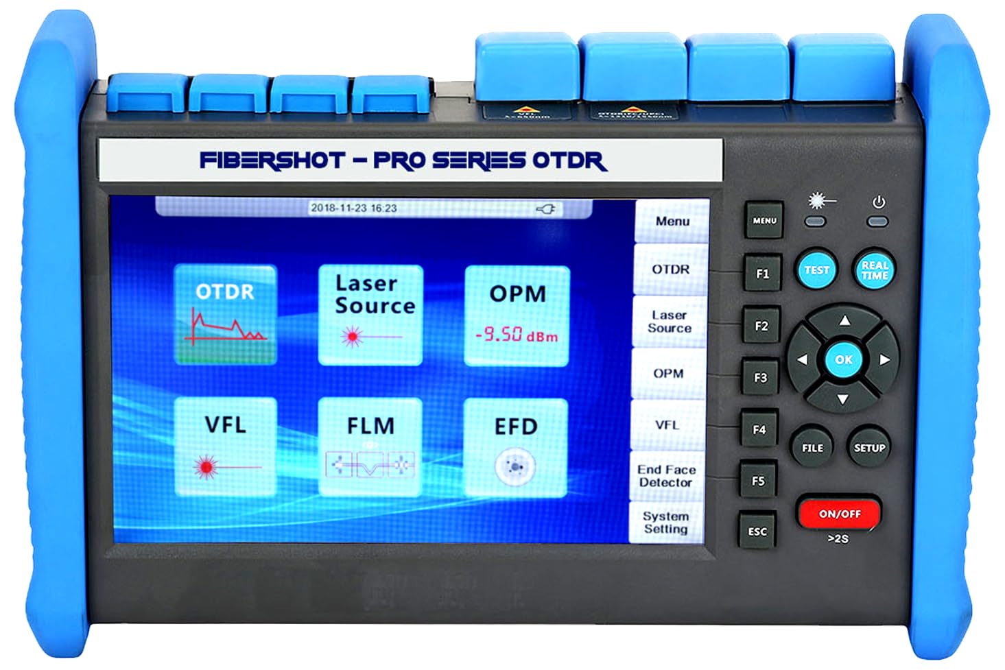 fibershot pro-d35 otdr test wavelength 1310nm:35db/1550nm:33db singlemode fiber otdr tester built-in opm+ls+vfl+fm+pm module+7inch tft touch screen connector with sc/pc, fc/pc, st/pc