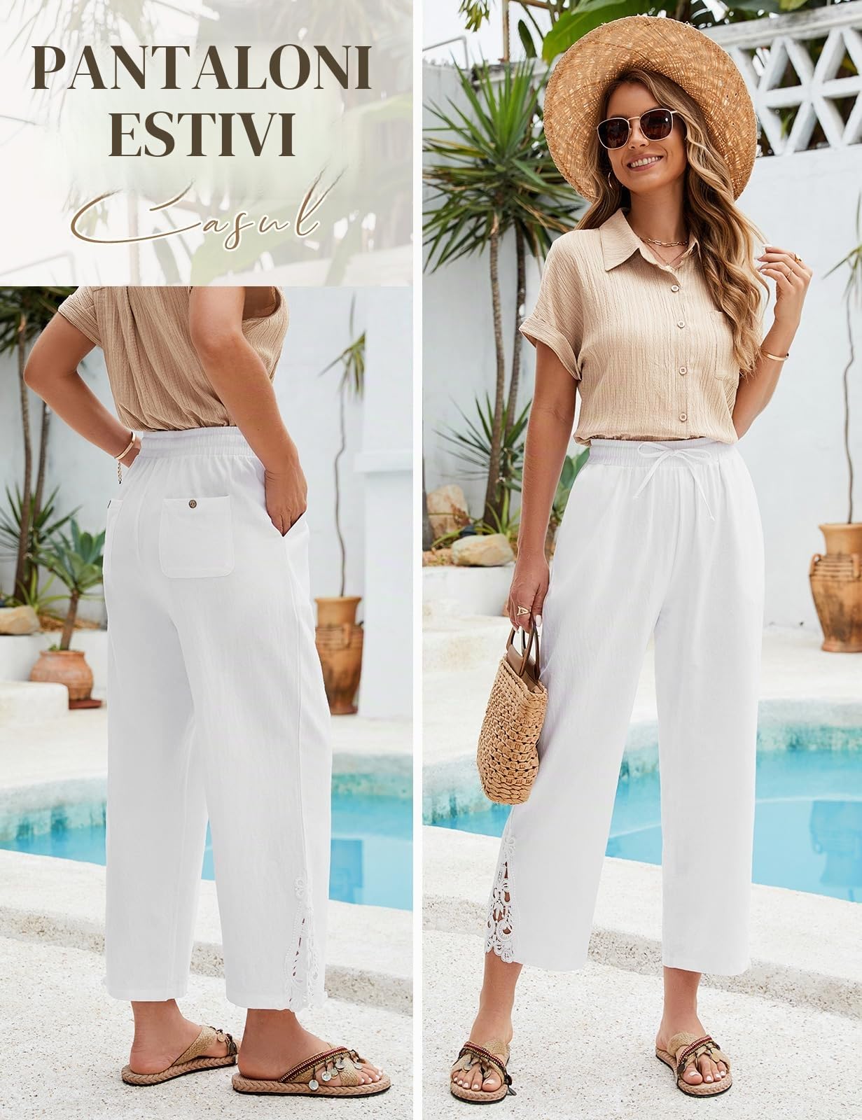 UMIPUBO Pantaloni Donna Estivi Cotone 7/8 Lunghezza Pantalone con Tasche Eleganti Larghi Elastica Vita Pants Comodi Casual Pantaloni da Spiaggia