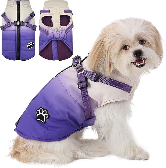Poseca Dog Harness Coat Winter Dog Coat Jacket Vest Clothes Color Changing Dog Coat Waterproof Dog Coats with Reflective Harness for Small Medium Large Dogs (Medium, Purple)