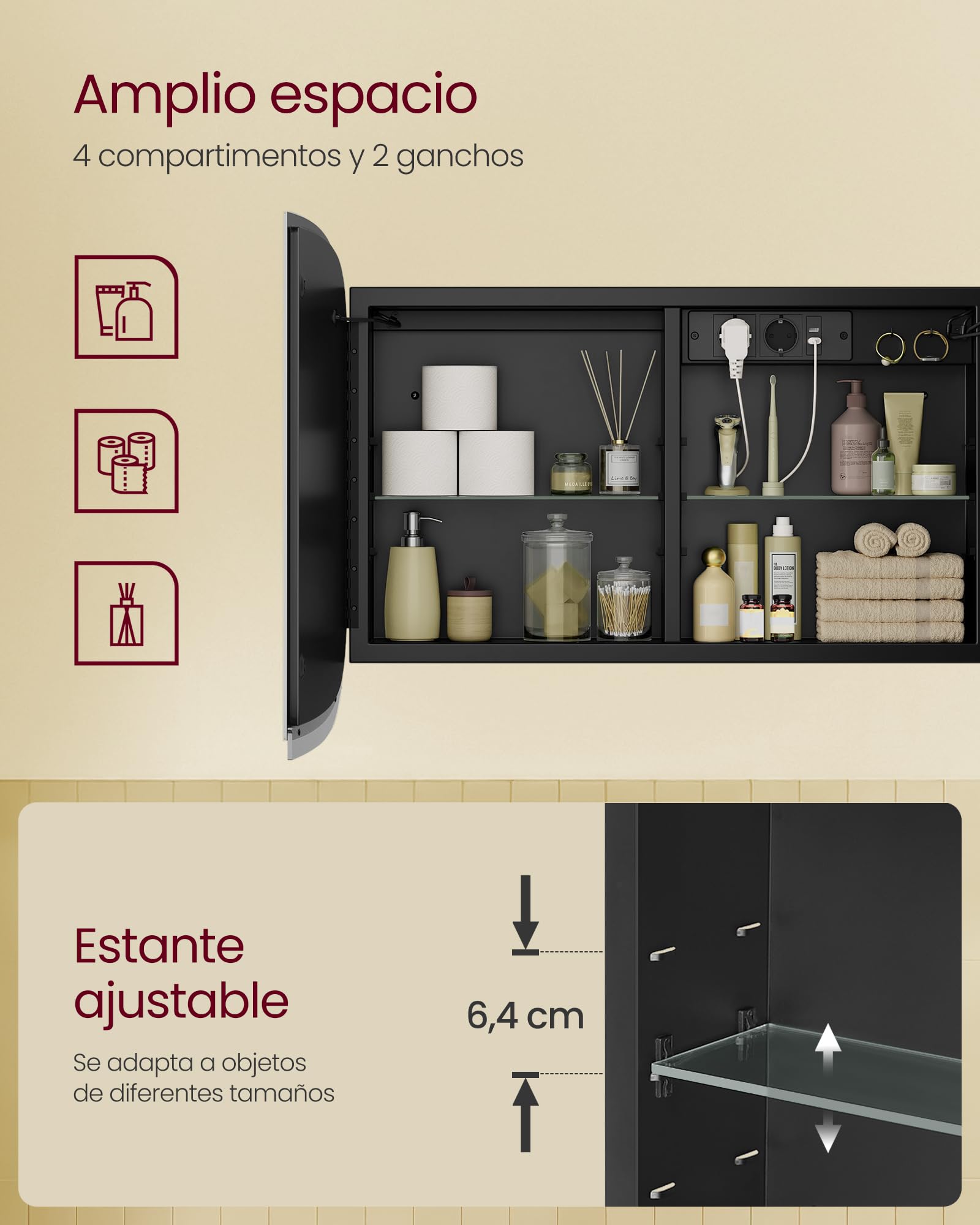 VASAGLE Armario de Baño de Pared con Espejo y Luz, 2 Estantes Ajustables | Armario Colgante de Baño, 2 Tomas de CA y 2 Puertos USB, Esquinas Redondeadas, Negro Tinta, Colección AILEAS, BBK128B01