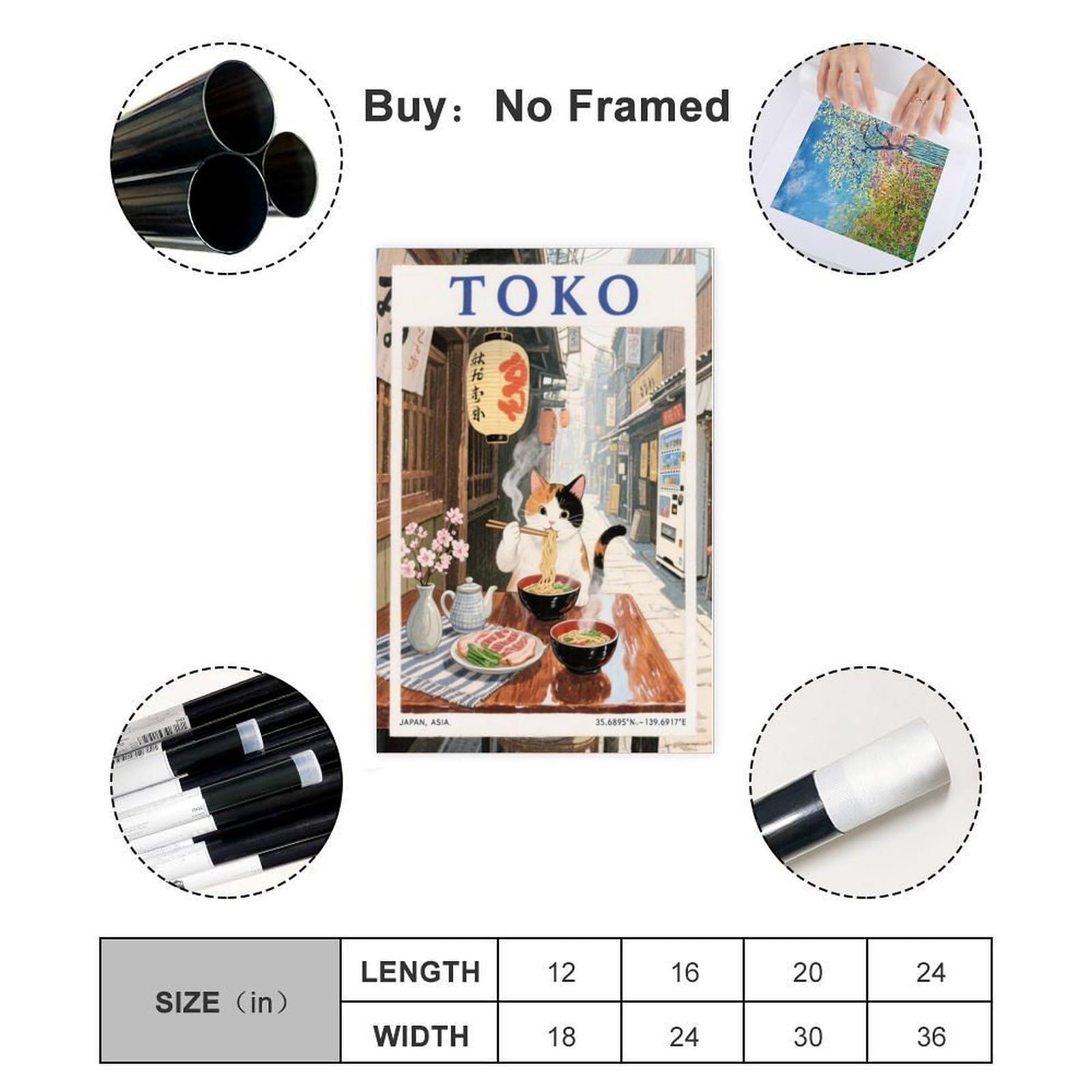 QIOTBVV Bedrucktes Poster mit Katze und Nudeln, Motiv: Tokio Straßenszene, Atmosphäre, Leinwand-Poster, Wandkunst, Dekor, Bild, Gemälde für Wohnzimmer, Schlafzimmer, Dekoration, 61 x 91,4 cm (L x B)