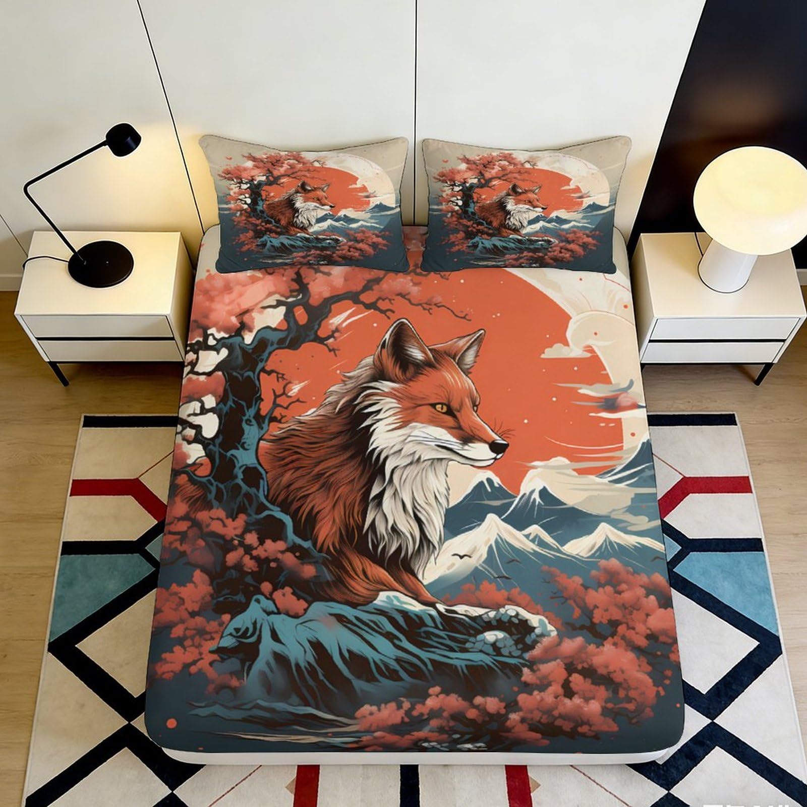 3D Printed Red Fox Forest Fitted Sheet Microfiber Soft Mountain Sunset Bed Cover for Bedroom Guest Room Decor 90x200x25cm