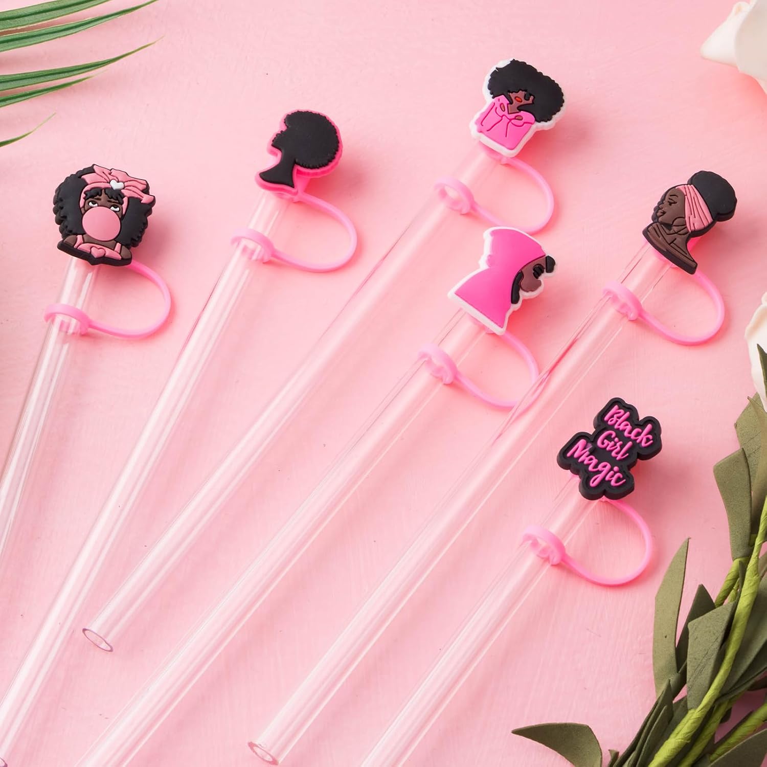 6Pcs Black Girl Straw Cover Cap for Stanley Cup Accessories, 10mm Cute Pink Drinking Straw Topper for 40oz 30oz Stanley Tumbler, Dust-Proof Reusable Straw Tips Gifts for Women image 5