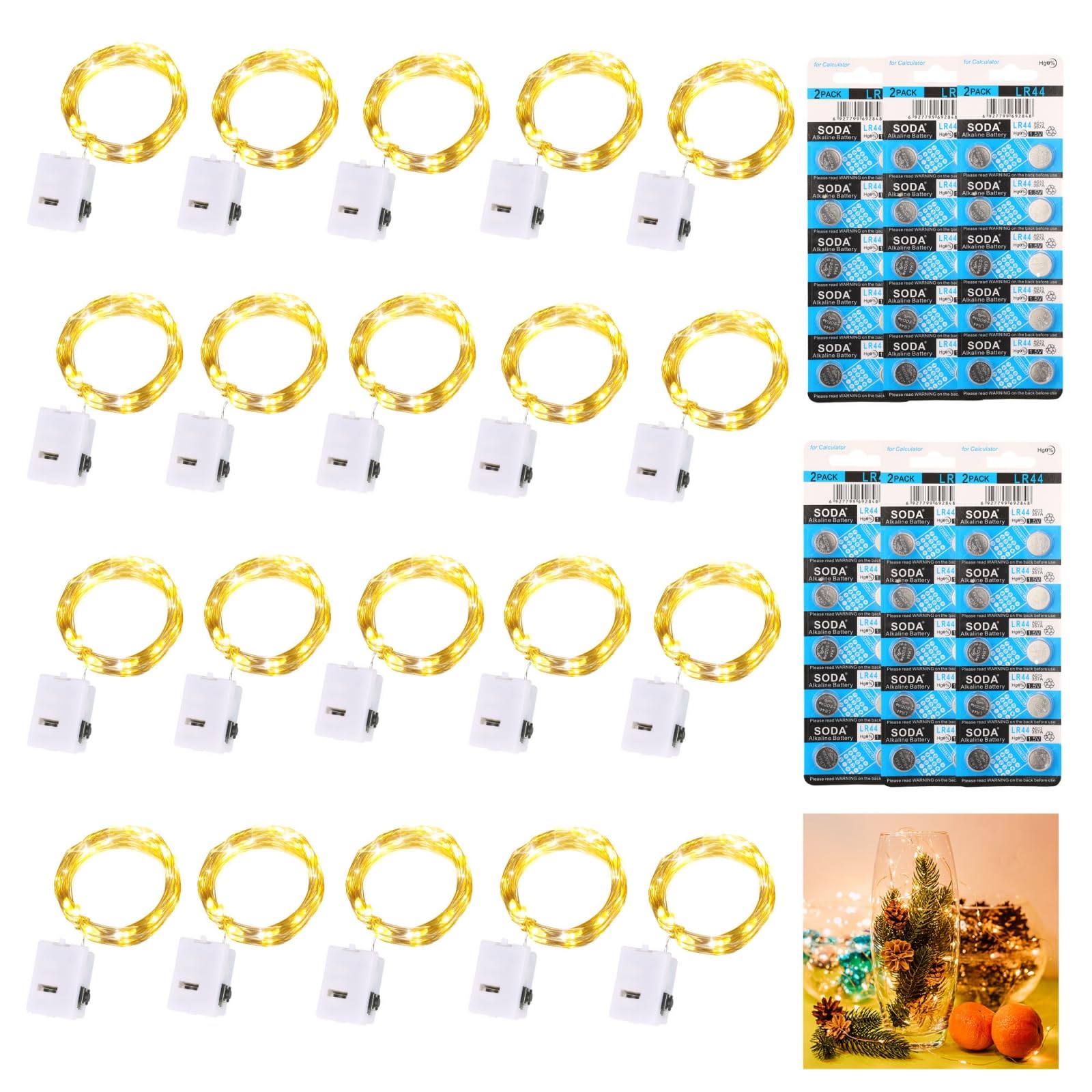 Dooozy 20 Piezas Cadena de Luces con 120 Pilas, 2M 20 LEDs 3 Modos Guirnaldas Luces de Alambre de Cobre Impermeable para Navidad Fiestas Bodas Interiores Exteriores(Blancas Cálidas)