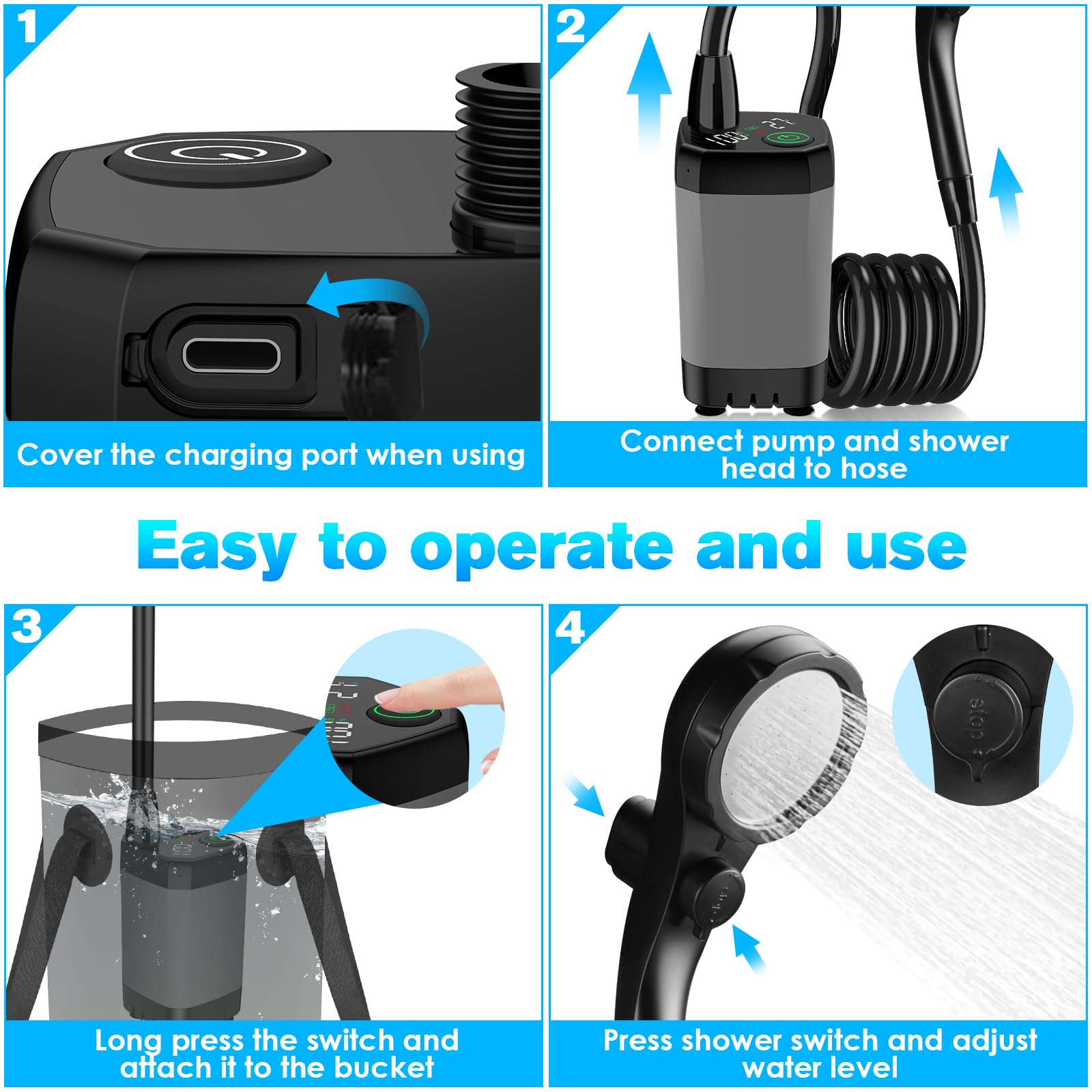 Cosy Life Doccia portatile, doccia portatile per campeggio con secchio pieghevole da 5 galloni, doccia da campeggio da 6000 mAh con display LED intelligente, diversi modelli di spruzzo per campeggio