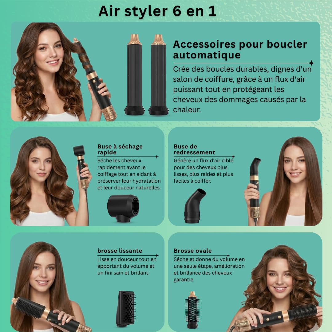 Brosse soufflante 6 en 1, Hair Styler 1000W Sèche Cheveux Multifonction, Brosse coiffante et lissante, volumisante, Air Boucleur, Gant inclus, Technologie Ionique, Cadeau Femme