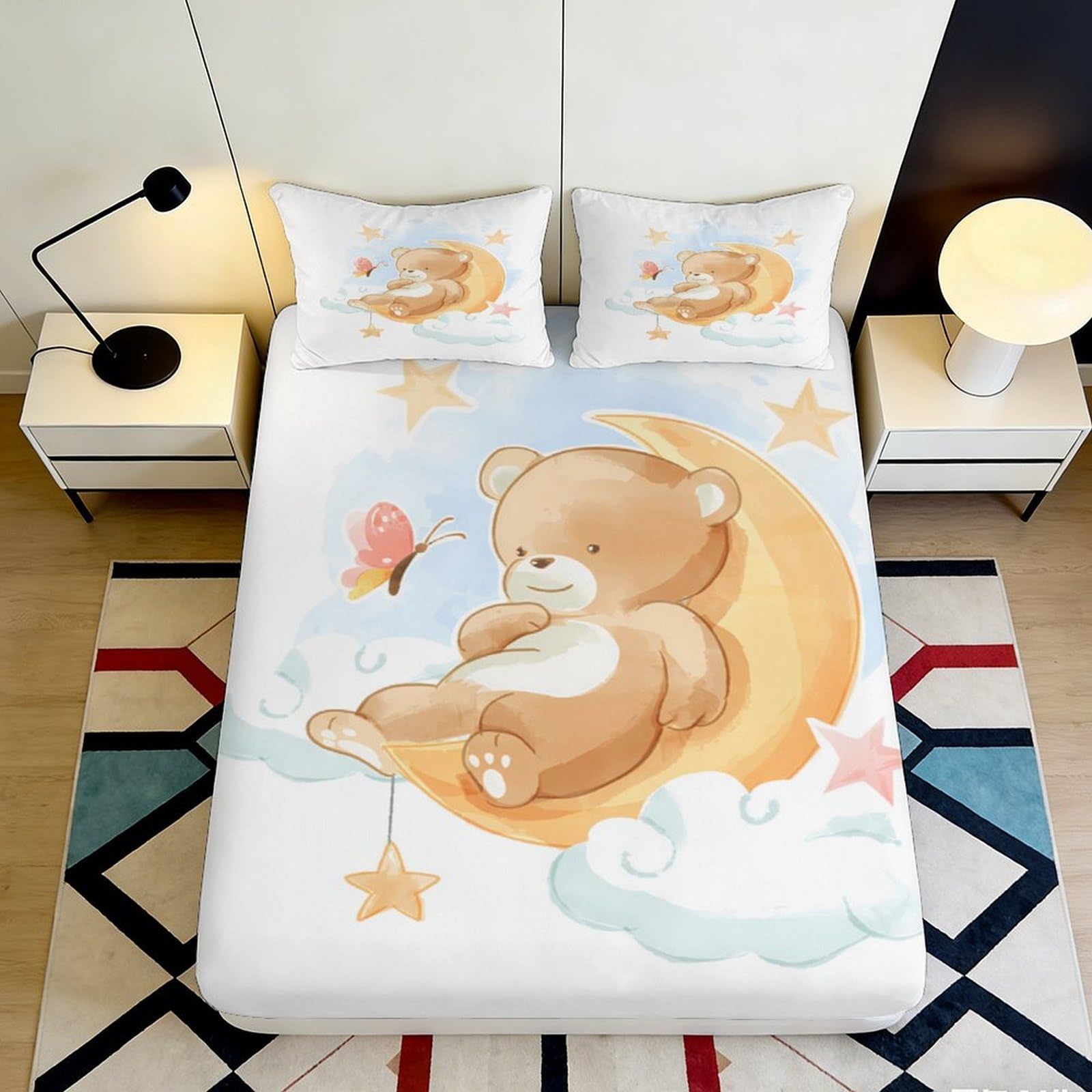 3D Printed Cartoon Bear Moon Fitted Sheet Microfiber Soft Anti-Slip Mattress Cover for Bedroom Dorm Kids Gift Decor 120x200x25cm