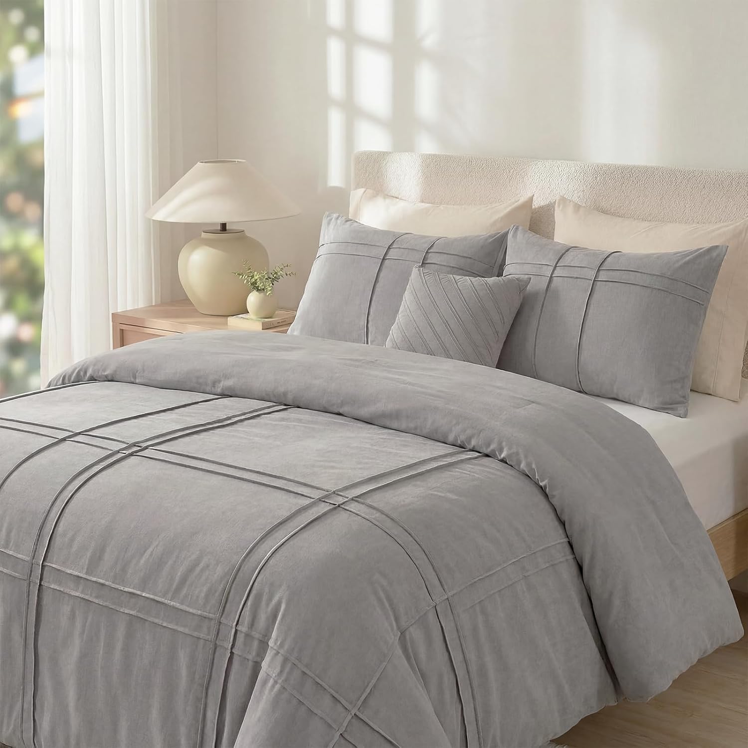 100% Cotton Beige Grey King Size Duvet Cover Set - 3 Pieces Pintuck Pleated Duvet Cover, Soft Breathable Duvet Cover with Zipper Closure, Modern Minimalist Bedding Set