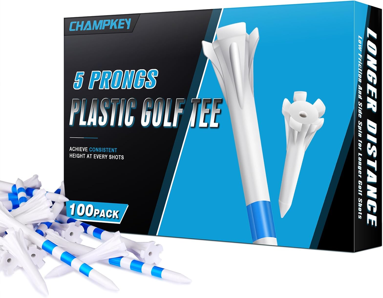 CHAMPKEYProfessional 5 Prongs Golf Tees 100 Pack | 85 Driver Tees with 15 Iron/Hybrid Tees Mixed Pack | Low Friction and Resistance Golf Plastic Tees