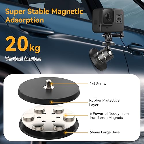 Miniatura 9 de UTEBIT Soporte magnético para cámara de 3.465 in, base magnética de 14, succión vertical de 66 libras con adaptador de cámara de acción y soporte