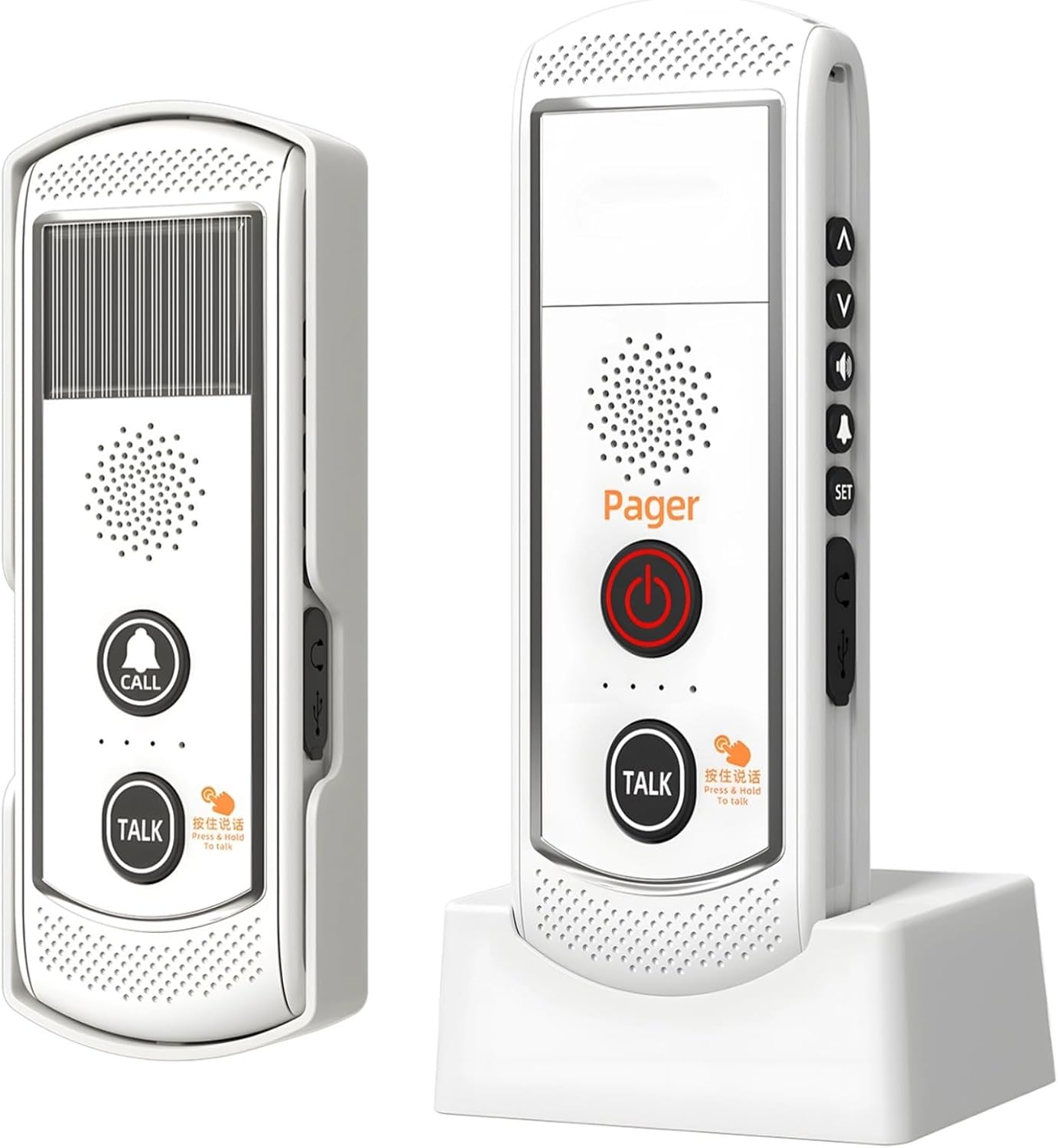 BOSREROY Wireless Solar Intercom Doorbell with Long-Distance Reach, Plastic White Body and Black Buttons, Connects Up to 16 Units, USB Rechargeable, Perfect for Homes