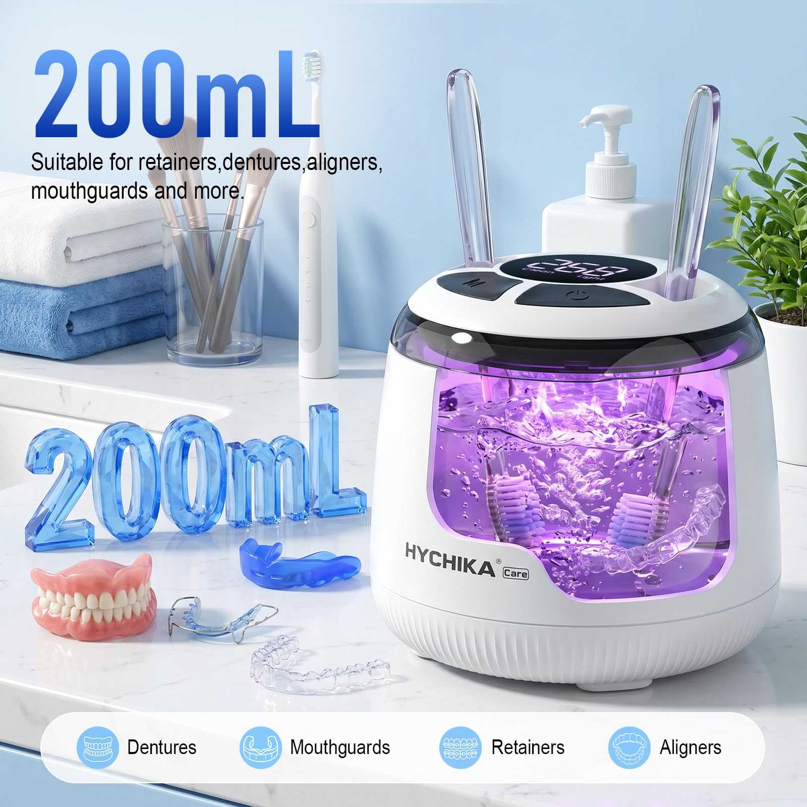 Limpiador Ultrasonidos Dental con Luz UV-C,Resistente al Agua,48kHz con Temporizador,4 Modos,200mL.Ideal para Prótesis Dentales,Alineadores,Protectores Bucales y Férulas Nocturnas.Blanco. | Resistente al Agua